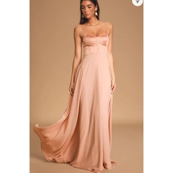 Lulus Best Part Of Me Dress Satin Bustier Chiffon Sweetheart Maxi Gown Small - Picture 1 of 15